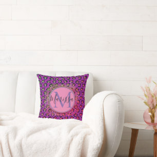 Glam Leopard Pink and Purple Monogram Cushion