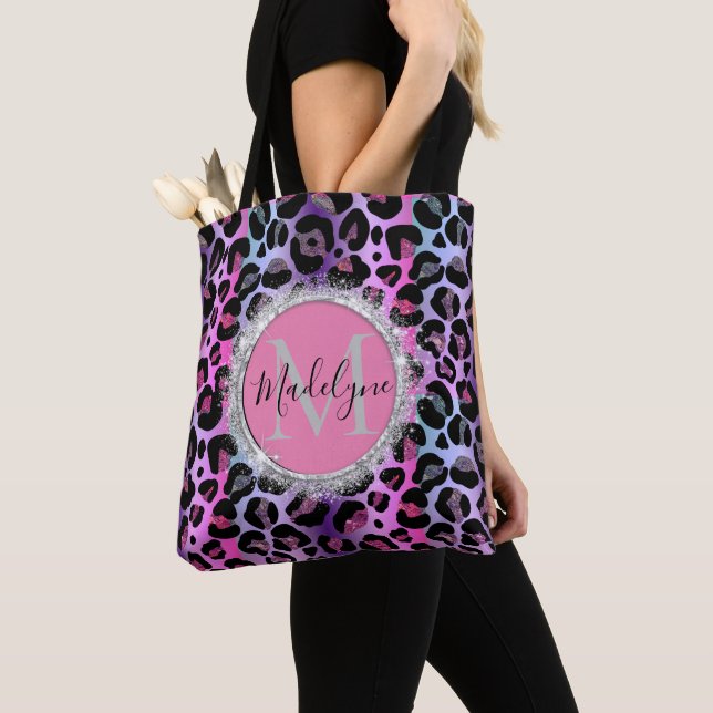 Glam Leopard Pink and Purple Monogram Glitter Tote Bag (Close Up)