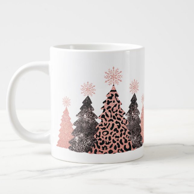 Glam Leopard Print Christmas Trees Large Coffee Mug (Left)