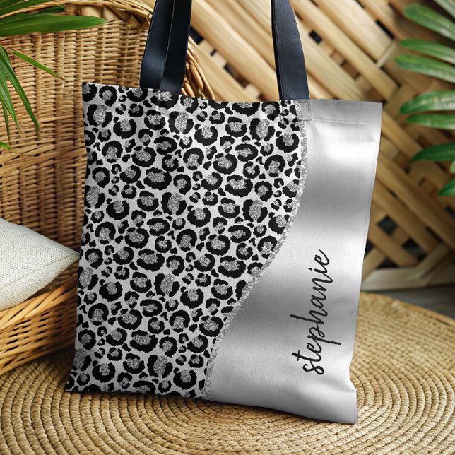 Glam Leopard Spots Black Silver Metallic Name Tote Bag (Creator Uploaded)