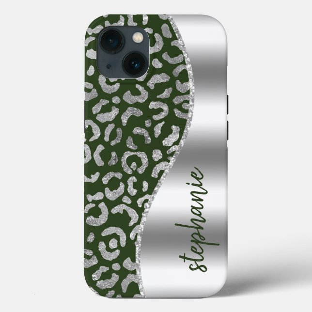 Glam Leopard Spots Metallic Silver Green Name Case-Mate iPhone Case (Back)