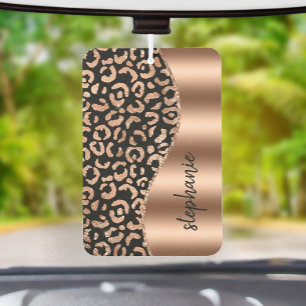 Glam Leopard Spots Rose Gold Black Metallic Name Car Air Freshener