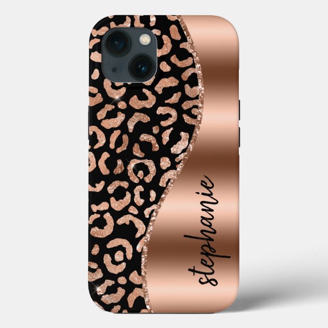 Glam Leopard Spots Rose Gold Black Metallic Name Case-Mate iPhone Case (Back)