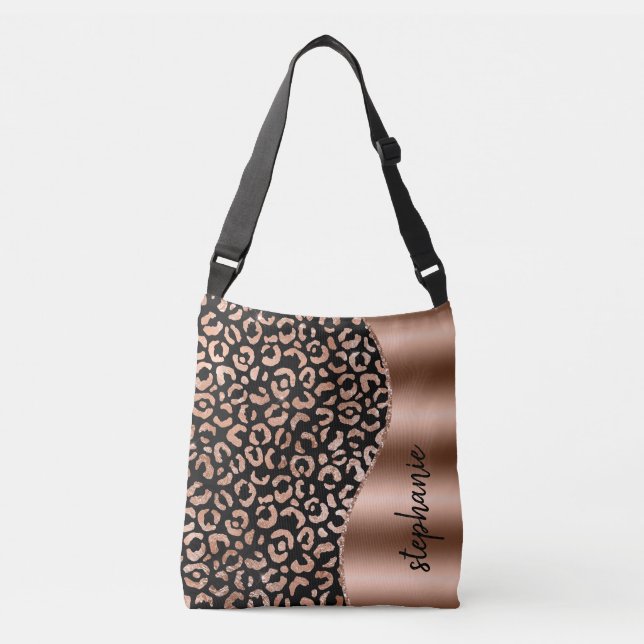 Glam Leopard Spots Rose Gold Black Metallic Name Crossbody Bag (Front)