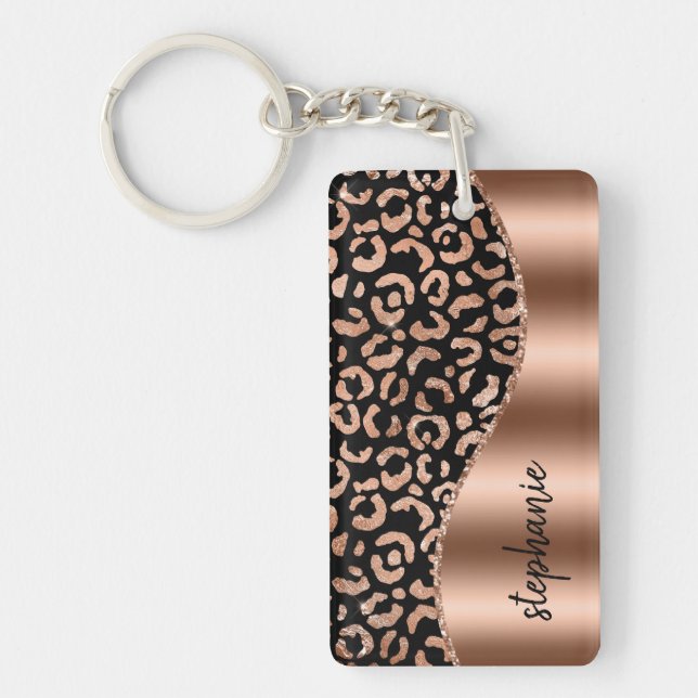Glam Leopard Spots Rose Gold Black Metallic Name Key Ring (Front)