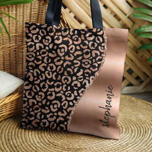Glam Leopard Spots Rose Gold Black Metallic Name Tote Bag