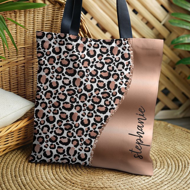 Glam Leopard Spots Rose Gold Metallic Name Tote Bag (Creator Uploaded)