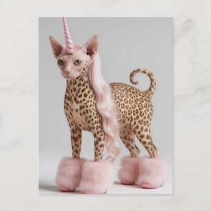 Glam Leopard Unicorn Cat in Pink Fur Heels Postcard