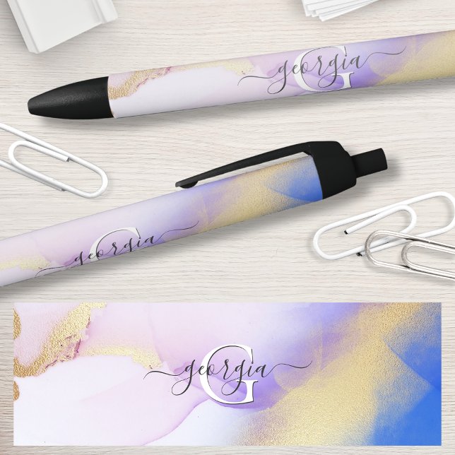 Glam Lilac Gold Abstract Paint Elegant Monogram Black Ink Pen (Creator Uploaded)