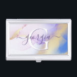 Glam Lilac Gold Abstract Paint Elegant Monogram Business Card Holder<br><div class="desc">Easily personalise this glamourous style abstract lilac watercolor paint and faux gold spray background with your custom details.</div>