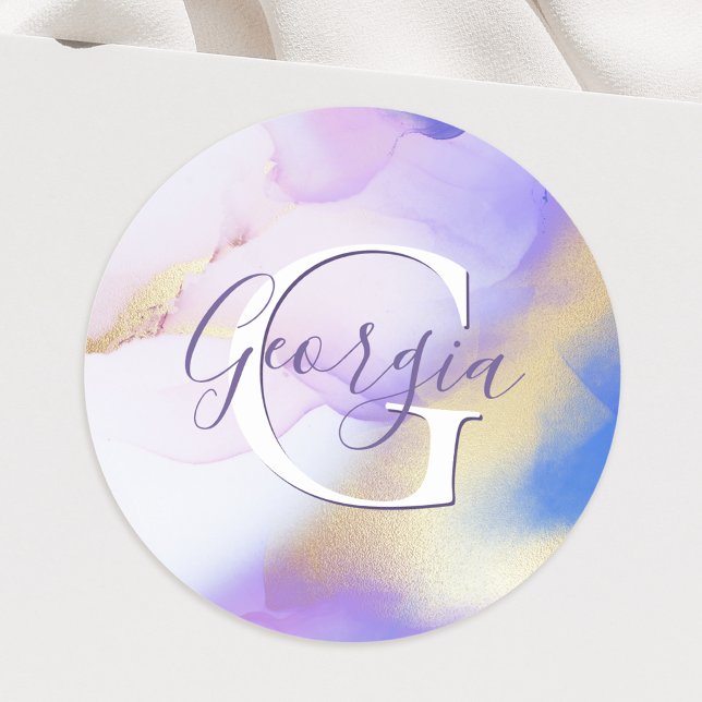 Glam Lilac Gold Abstract Paint Elegant Monogram Classic Round Sticker (Creator Uploaded)