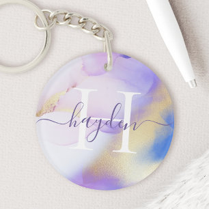 Glam Lilac Gold Abstract Paint Elegant Monogram Key Ring