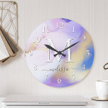 Glam Lilac Gold Abstract Paint Elegant Monogram Large Clock<br><div class="desc">Easily personalize this glamorous style abstract lilac watercolor paint and faux gold spray background with your custom details.</div>