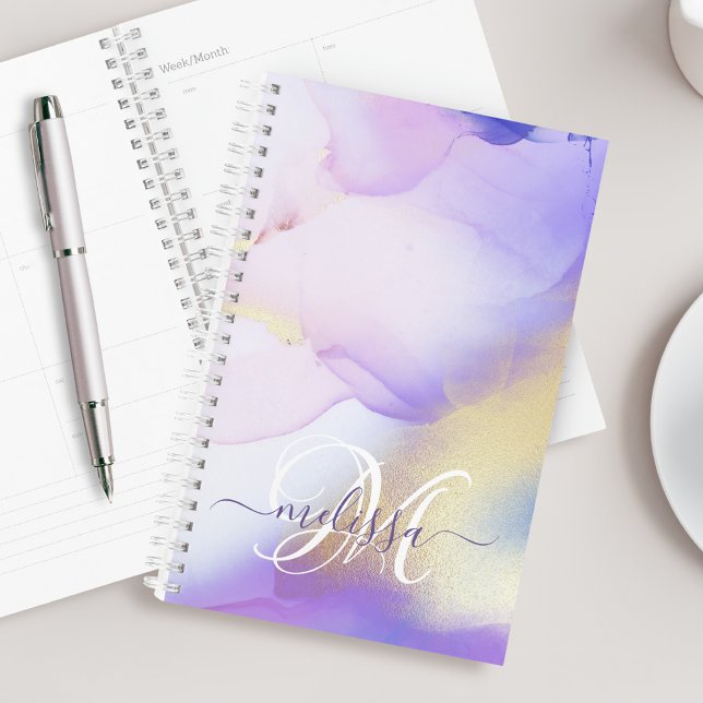 Glam Lilac Gold Abstract Paint Elegant Monogram Planner (Creator Uploaded)