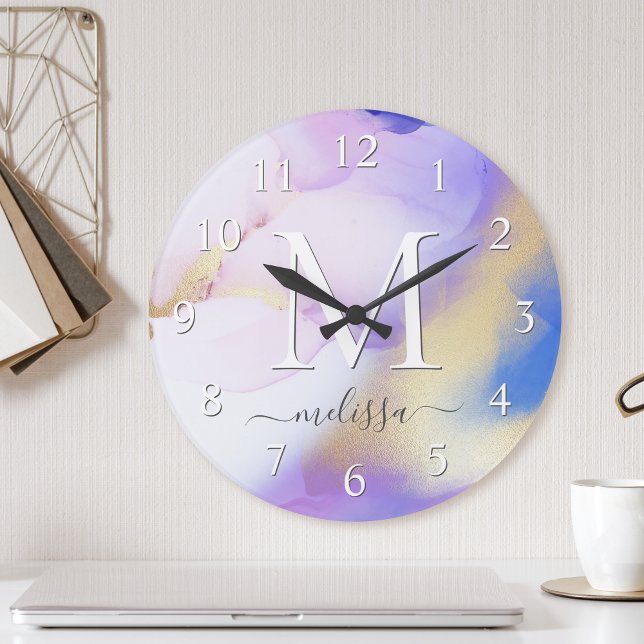 Glam Lilac Gold Abstract Paint Elegant Monogram Round Clock (Creator Uploaded)