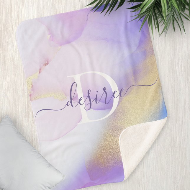 Glam Lilac Gold Abstract Paint Elegant Monogram Sherpa Blanket (Creator Uploaded)