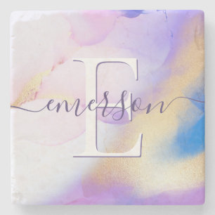 Glam Lilac Gold Abstract Paint Elegant Monogram Stone Coaster