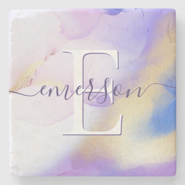 Glam Lilac Gold Abstract Paint Elegant Monogram Stone Coaster (Front)