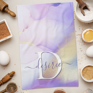Glam Lilac Gold Abstract Paint Elegant Monogram Tea Towel