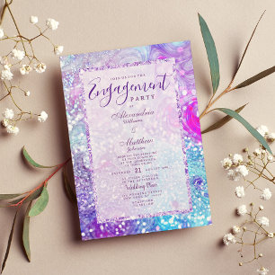 Glam lilac lavender teal marble glitter Engagement Invitation