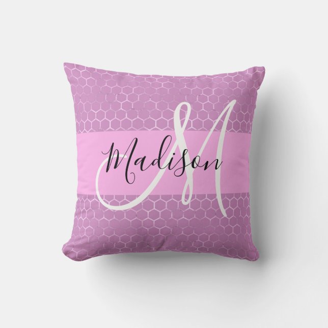 Glam Lilac Metallic Pink Honeycomb Monogram Name Cushion (Front)