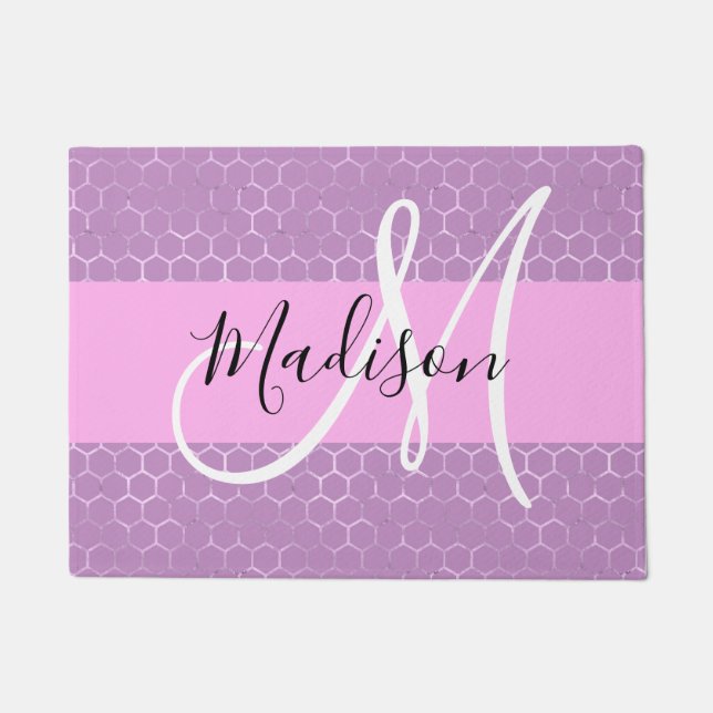 Glam Lilac Metallic Pink Honeycomb Monogram Name Doormat (Front)