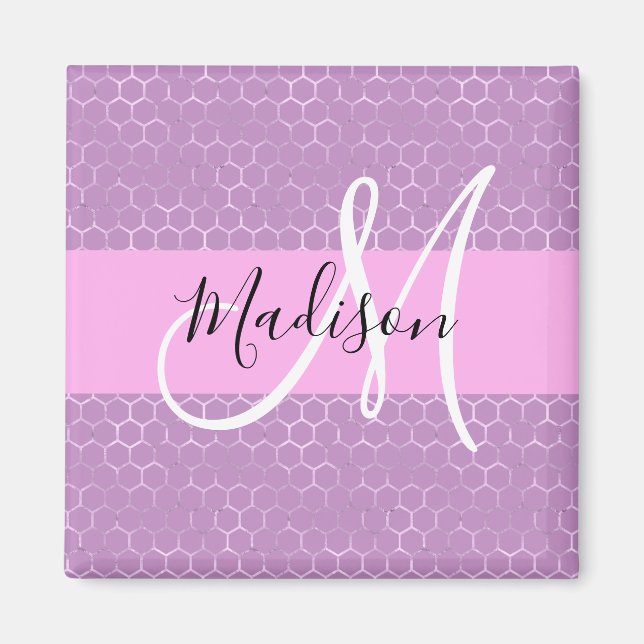 Glam Lilac Metallic Pink Honeycomb Monogram Name Magnet (Front)