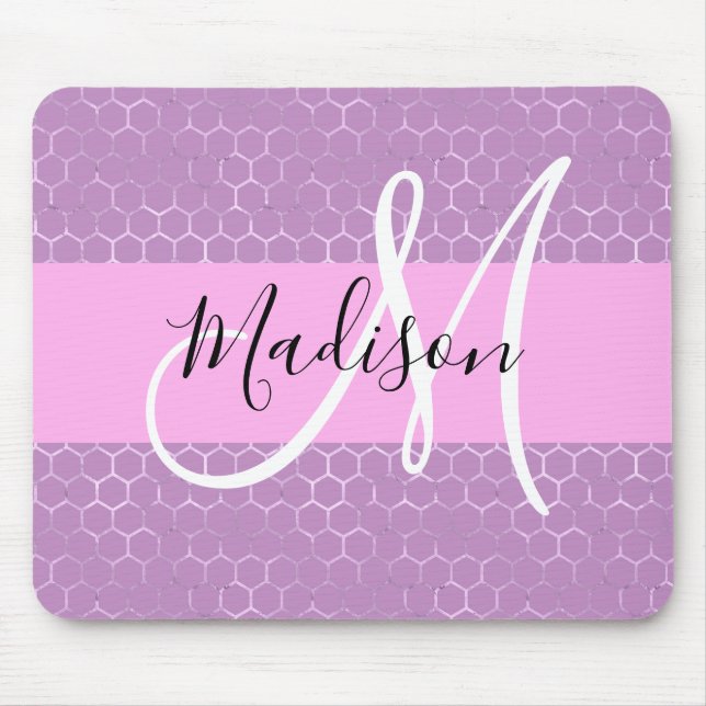 Glam Lilac Metallic Pink Honeycomb Monogram Name Mouse Pad (Front)