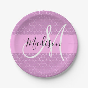 Glam Lilac Metallic Pink Honeycomb Monogram Name Paper Plate