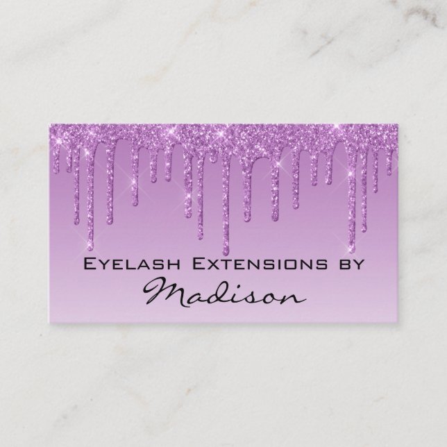Glam Lilac Purple Glitter Drips Makeup Eyelash Business Card (Front)