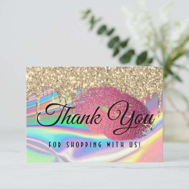 Glam Lips Glitter Drips Faux Holographic Rainbow Thank You Card (Standing Front)