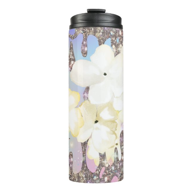 ~* Glam Luxe Girly Glitter Drip Rainbow Hologram Thermal Tumbler (Front)