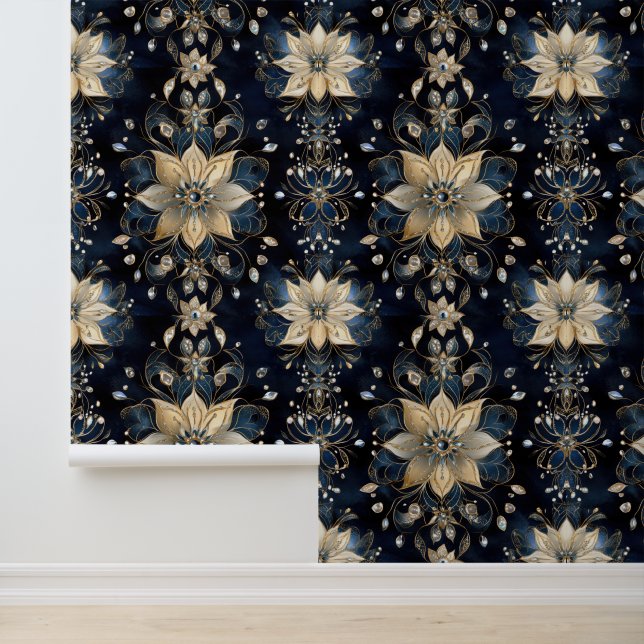 Glam Luxe Navy Gold Floral Wallpaper (Application)