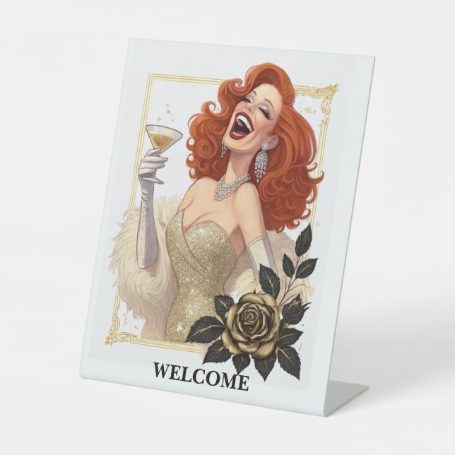 Glam Luxe Party Glamour Diva in Gold Personalise Pedestal Sign (Front)