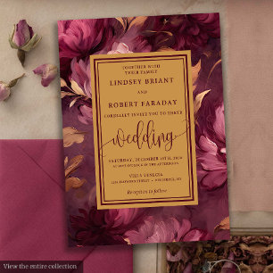 Glam Luxury Maroon Blush Gold Floral Wedding   Invitation