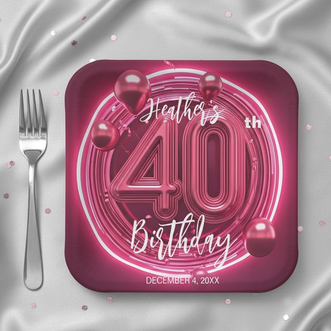 Glam Magenta Neon Pink 40th Birthday Celebration Paper Plate (Creator Uploaded)