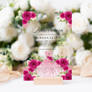 Glam Magenta Pink Dress Floral 15th Quinceañera Acrylic Invitations