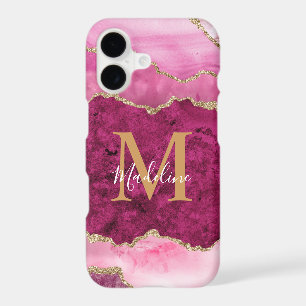 Glam Magenta Pink Gold Agate Geode Monogram