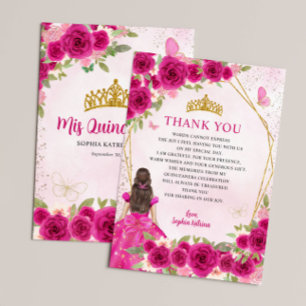 Glam Magenta Pink Gold Floral Princess Quinceañera Thank You Card