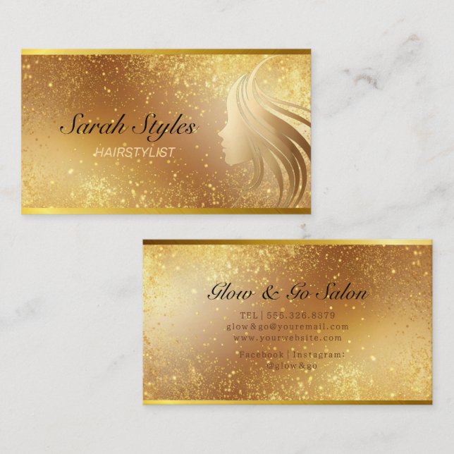 Glam Makeup Artist Hair Stylist Gold Glitter Stars Business Card (Front/Back)