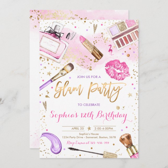 Glam Makeup Birthday Party Blush Pink Spa Party Invitation (Front/Back)