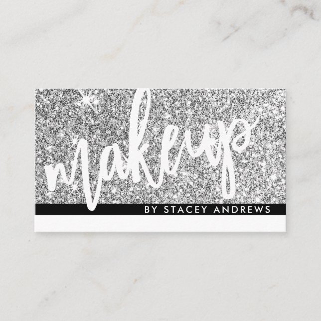 GLAM MAKEUP brush lettered silver glitter black Business Card (Front)