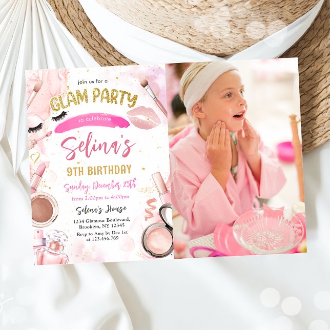 Glam Makeup Girl Birthday Pink Spa Party Photo Invitation (Creator Uploaded)