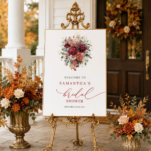 Glam maroon floral fall bridal shower welcome sign