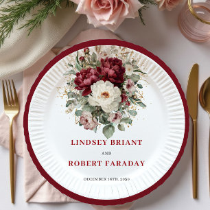 Glam Marsala Floral Eucalyptus Gold Wedding Plates