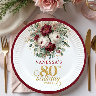Glam Marsala Floral Gold 80th Birthday Paper Plate
