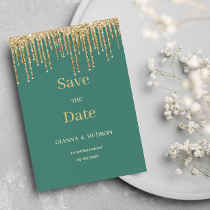 Glam mauve green gold glitter drips Save the Date Invitation