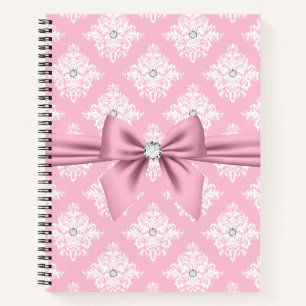 Glam Mauve Pink Bow Diamonds White Damask Notebook