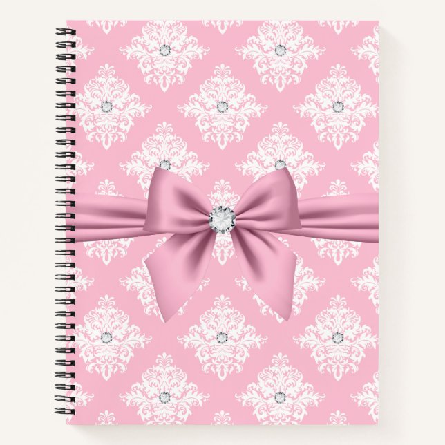Glam Mauve Pink Bow Diamonds White Damask Notebook (Front)