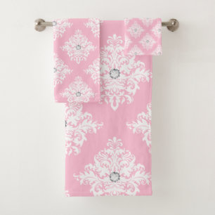 Glam Mauve Pink Diamonds White Damask Bath Towel Set